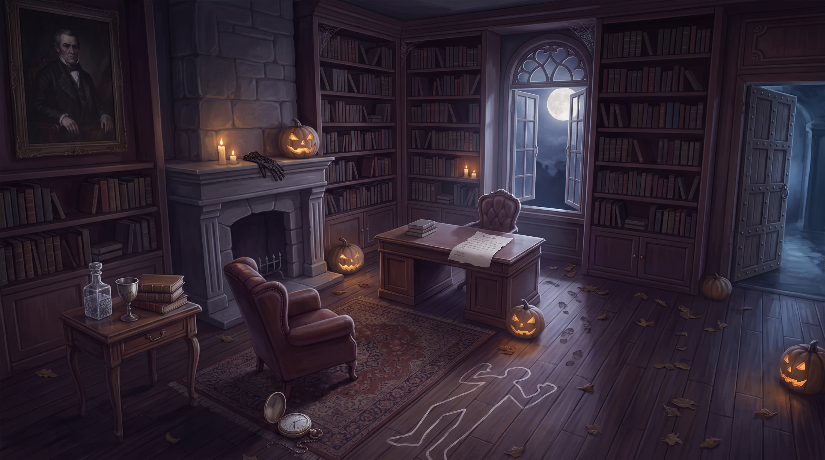 La bibliothèque d'un manoir un soir d'Halloween : citrouilles, bougies, et la silhouette d'un corps tracée à la craie