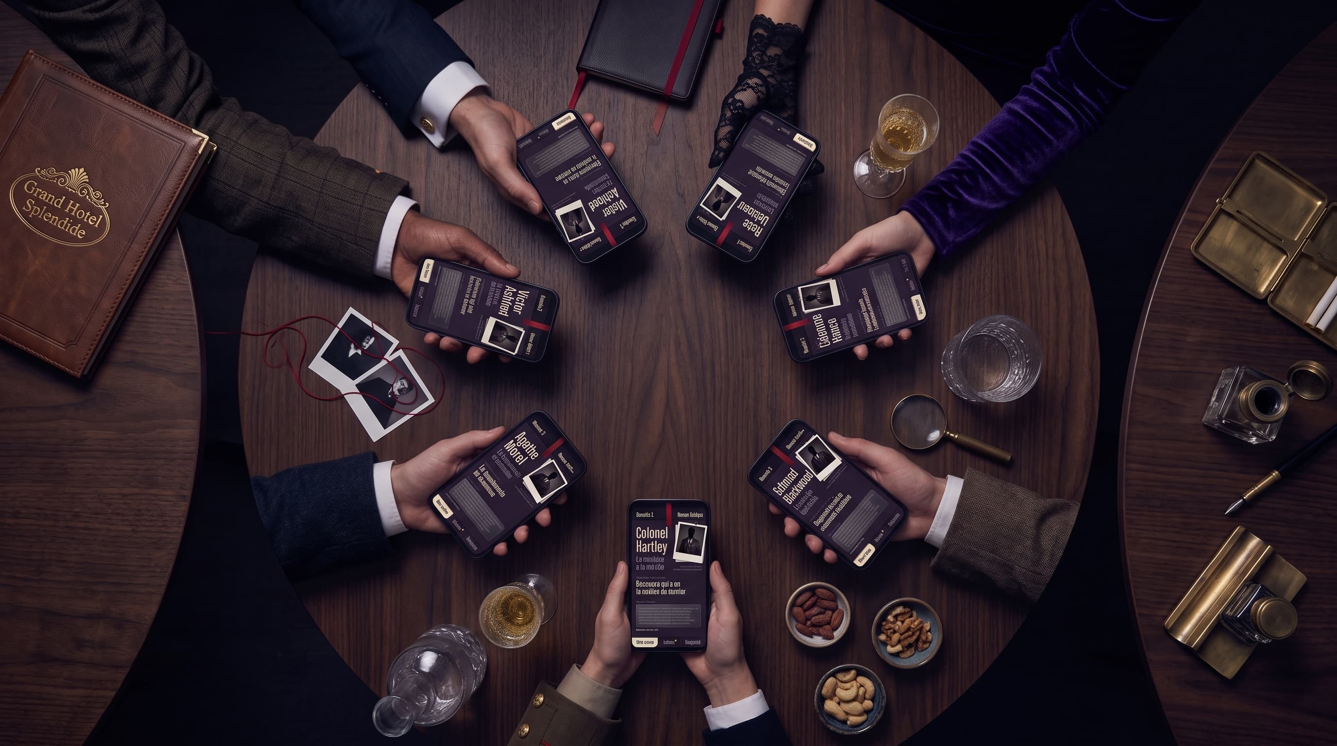 Une table ronde vue du dessus, de nuit : sept joueurs tiennent chacun un téléphone qui affiche une fiche de personnage différente.